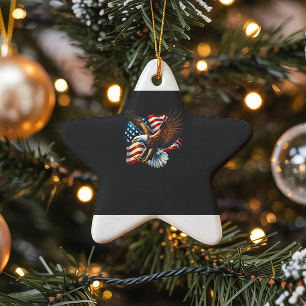 Patriotic Bald Eagle Xmas Ornament, American Flag Eagle Star Ceramic Ornament, US Flag Holiday Tree Ornament, Star Shaped Chr