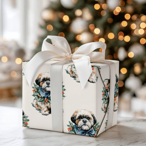 Dog Wreath Holiday Gift Wrap, Shih Tzu Christmas Wrapping Paper, Adorable Shih Tzu Puppy Wrapping Paper, Dog Lover Xmas Gift 