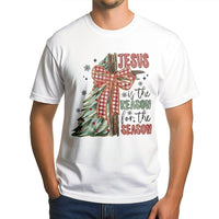 Retro Christmas Plaid Bow Tee, Jesus Is the Reason for the Season T-Shirt, Religious Christian Holiday Shirt, Faith Xmas Graphic Tee Present