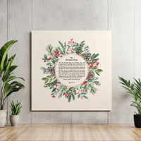 Luke 2 Holly Berry Wreath Canvas Print, Christmas Story Bible Verse Canvas, Watercolor Scripture Canvas Wall Art, Christian Xmas Decor