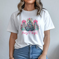 Leopard Print Tree Shirt, Merry and Bright Christmas T-Shirt, Colorful Holiday Graphic Tee, Festive Winter Xmas T-Shirt, Present for Women