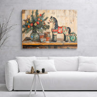 Scandinavian Folk Art Canvas Print, Dala Horse Canvas Wall Art, Nordic Horse Canvas, Festive Christmas Wall Decor, Folk Art Lover Present