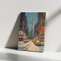 NYC Watercolor Canvas Print, Christmas in New York Canvas Wall Art, Vintage Holiday Cityscape Canvas, Winter City Wall Decor, Christmas Present