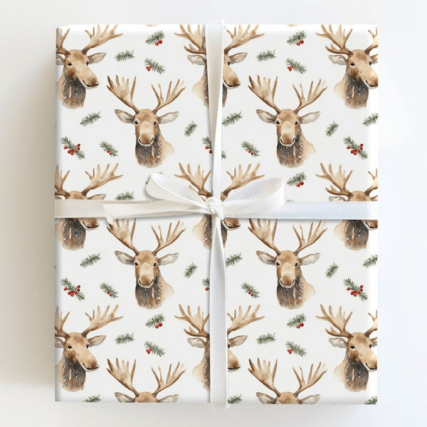 Rustic Woodland Moose Gift Wrap, Watercolor Moose Christmas Wrapping Paper, Wildlife Holiday Wrapping Paper, Festive Winter G