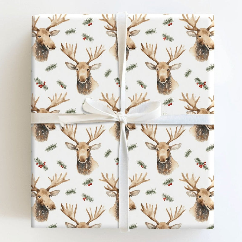 Rustic Woodland Moose Gift Wrap, Watercolor Moose Christmas Wrapping Paper, Wildlife Holiday Wrapping Paper, Festive Winter Gift Wrap Roll