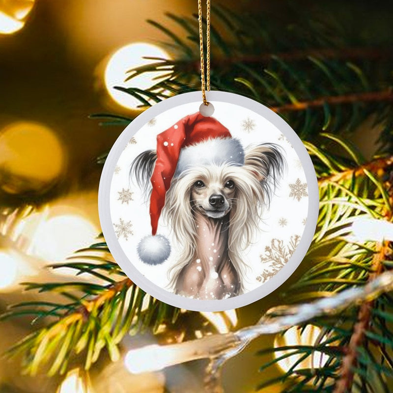 Santa Hat Puppy Ceramic Ornament, Chinese Crested Dog Christmas Ornament, Pet Lover Holiday Tree Ornament, Xmas Keepsake Dog Owner Present