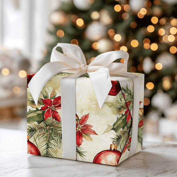 Vintage Christmas Gift Wrap, Watercolor Poinsettia Wrapping Paper, Botanical Holiday Wrapping Paper, Red Ornament Festive Gif