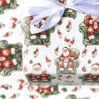 Comfy Vintage Santa Claus Gift Wrap Roll, Knitting Santa Christmas Wrapping Paper, Crafter Holiday Present Paper, Festive Gift Wrap
