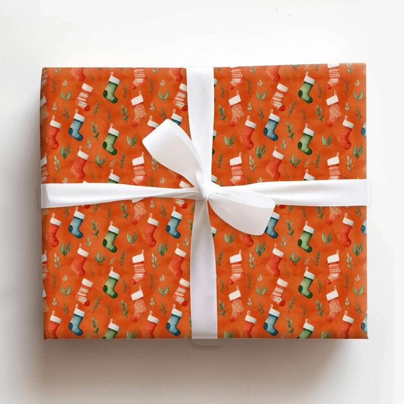 Watercolor Greenery Wrapping Paper, Christmas Stocking Wrapping Paper, Orange Holiday Gift Wrap, Festive Winter Present Wrapping Paper Roll