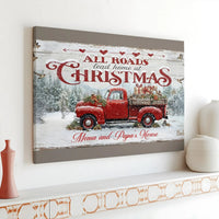 Red Truck Winter Canvas Print, All Roads Lead Home at Christmas Canvas, Rustic Holiday Wall Art, Farmhouse Xmas Canvas, Grandparents Present