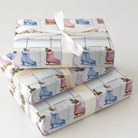 Fireplace Mantel Gift Wrap, Ice Skate Christmas Wrapping Paper, Watercolor Winter Skater Wrapping Paper, Holiday Gift Wrap Roll