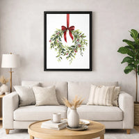 Holly Berry Red Bow Canvas Print, Watercolor Christmas Wreath Canvas Art, Festive Holiday Wall Art, Winter Botanical Canvas, Holiday Present