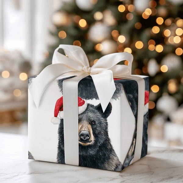 Woodland Animal Gift Wrap, Santa Hat Black Bear Christmas Wrapping Paper, Rustic Bear Holiday Wrapping Paper, Festive Winter 