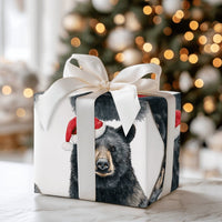 Woodland Animal Gift Wrap, Santa Hat Black Bear Christmas Wrapping Paper, Rustic Bear Holiday Wrapping Paper, Festive Winter Wildlife Paper