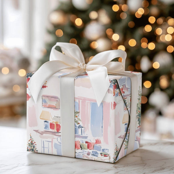Comfy Watercolor Holiday Gift Wrap, Christmas Living Room Wrapping Paper, Festive Xmas Home Gift Wrapping Paper, Winter Tree 