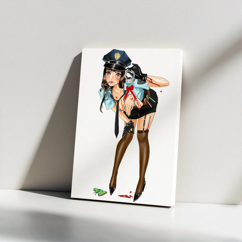 Bloody Christmas Candy Cane Canvas Print, Anime Police Girl Canvas Art, Edgy Holiday Wall Decor, Dark Manga Canvas Wall Art, Otaku Fan Present