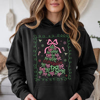 Pink Bow Aesthetic Winter Hoodie, Coquette Christmas Tree Hoodie, Merry Christmas Hooded Pullover, Adorable Holiday Girls Graphic Hoodie