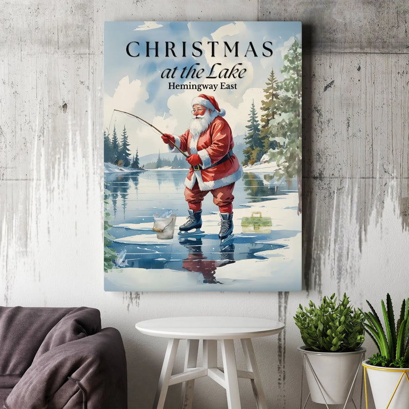 Santa Ice Fishing Winter Scene Wall Art, Christmas at the Lake Canvas Print, Rustic Holiday Cabin Canvas Decor, Festive Christmas Woods Present