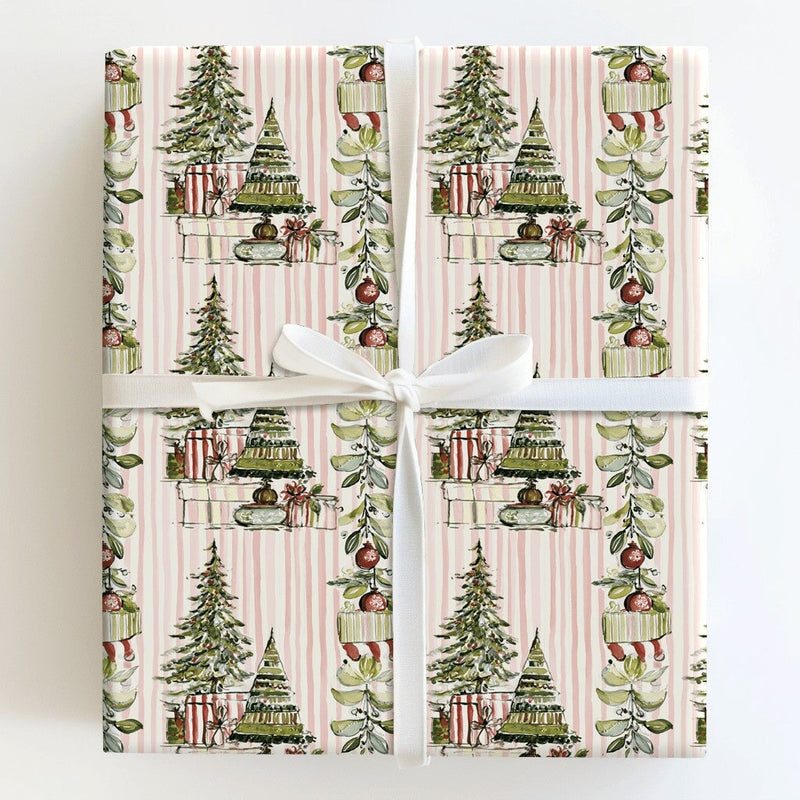 Watercolor Tree Stocking Gift Wrap, Pink Striped Christmas Wrapping Paper, Adorable Pastel Holiday Wrapping Paper, Girly Xmas Present Packaging