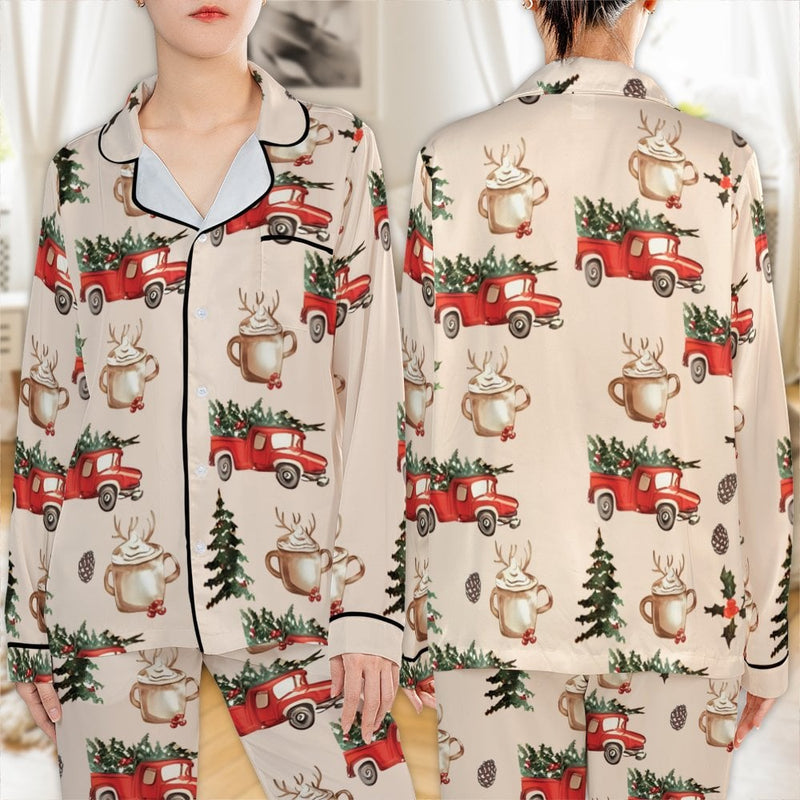 Holiday Mug Print Pajamas, Red Truck Christmas Pajama Set, Winter Festive Satin Pajamas, Comfy Xmas Loungewear Sleep Set, Present for Women