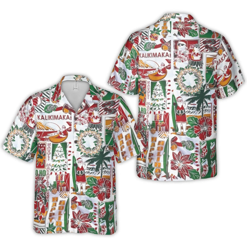 Surfing Santa Tropical Christmas Shirt, Mele Kalikimaka Hawaiian Shirt, Holiday Aloha Shirt, Festive Xmas Button Up Shirt, Mens Beach Present