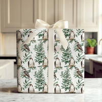 Snowy Pine Tree Bird Gift Wrap, Falcon Christmas Wrapping Paper, Watercolor Hawk Gift Wrapping Paper, Winter Wildlife Holiday Present Paper