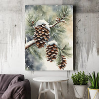 Watercolor Winter Botanical Canvas Print, Snowy Pine Cones Canvas Wall Art, Christmas Pine Cone Wall Art, Comfy Holiday Canvas