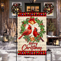 Festive Wreath Red Birds Yard Flag, Merry Christmas Cardinal Garden Flag, Double Sided Winter Holiday Lawn Flag, Bird Lover Present
