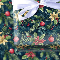 Gold Ornament Holiday Gift Wrap, Navy Poinsettia Christmas Wrapping Paper, Botanical Winter Wrapping Paper, Festive Floral Gift Wrap Roll
