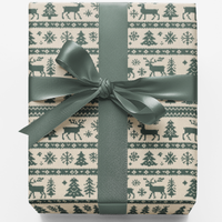 Reindeer Pine Tree Wrapping Paper, Nordic Christmas Gift Wrap, Scandi Holiday Gift Wrap Roll, Winter Christmas Present Paper