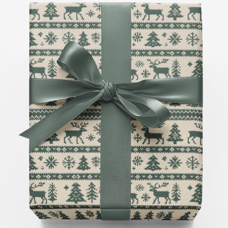 Reindeer Pine Tree Wrapping Paper, Nordic Christmas Gift Wrap, Scandi Holiday Gift Wrap Roll, Winter Christmas Present Paper