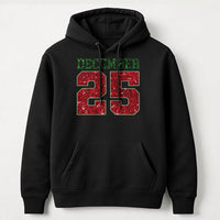 Red Glitter Holiday Date Hooded Sweatshirt, December 25 Christmas Hoodie, Festive Xmas Day Graphic Pullover, Winter Holiday Comfy Sweater