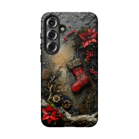 Vintage Poinsettia Floral Holiday Phone Case, Rustic Christmas Stocking Samsung Galaxy Case, Dual Layer Festive Winter Tough Case