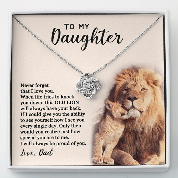 Lion Dad Sentiment Necklace, To My Daughter Love Knot Necklace, 14k White Gold Pendant Necklace, Meaningful Birthday Christma