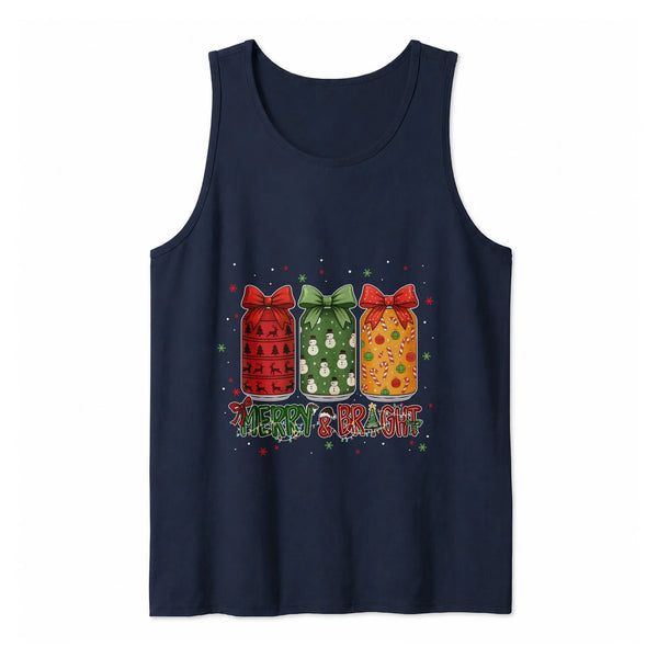 Holiday Water Bottles Bows Graphic Shirt, Merry & Bright Christmas Tank Top, Festive Sleeveless Tee, Holiday Season Present f