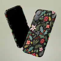 Christmas Botanical Black Phone Case, Vintage Poinsettia Holly iPhone Case, Festive Winter Floral iPhone Case Cover, Holiday Present