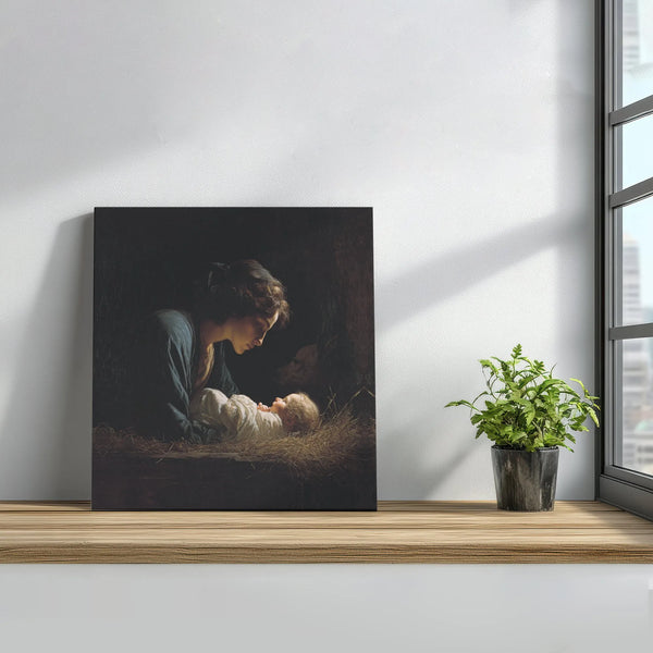 Madonna and Child Oil Painting Art, Nativity Scene Square Canvas, Christian Nativity Canvas Print, Holy Family Christmas Wall