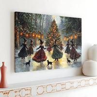 Witch Christmas Canvas Wall Art, Ice Skating Witches Canvas Print, Black Cat Holiday Canvas Art, Whimsical Winter Witch Canvas Home Decor