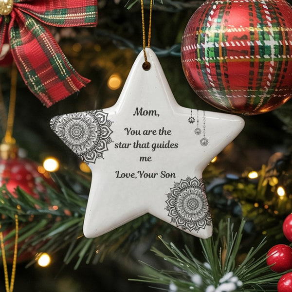 Mandala Star Shaped Ceramic Ornament, Mom Star Ornament from Son, Meaningful Mother Holiday Keepsake, Christmas Tree Star Orn