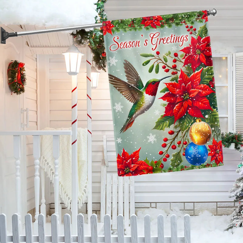 Season's Greetings Poinsettia Yard Flag, Hummingbird Christmas Garden Flag, Double-Sided Floral Lawn Banner, Holiday Outdoor Flag