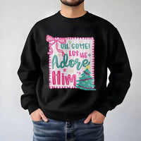 Pink Coquette Christmas Crewneck, Oh Come Let Us Adore Him Sweatshirt, Nativity Christian Holiday Sweater, Girly Xmas Bow Pullover