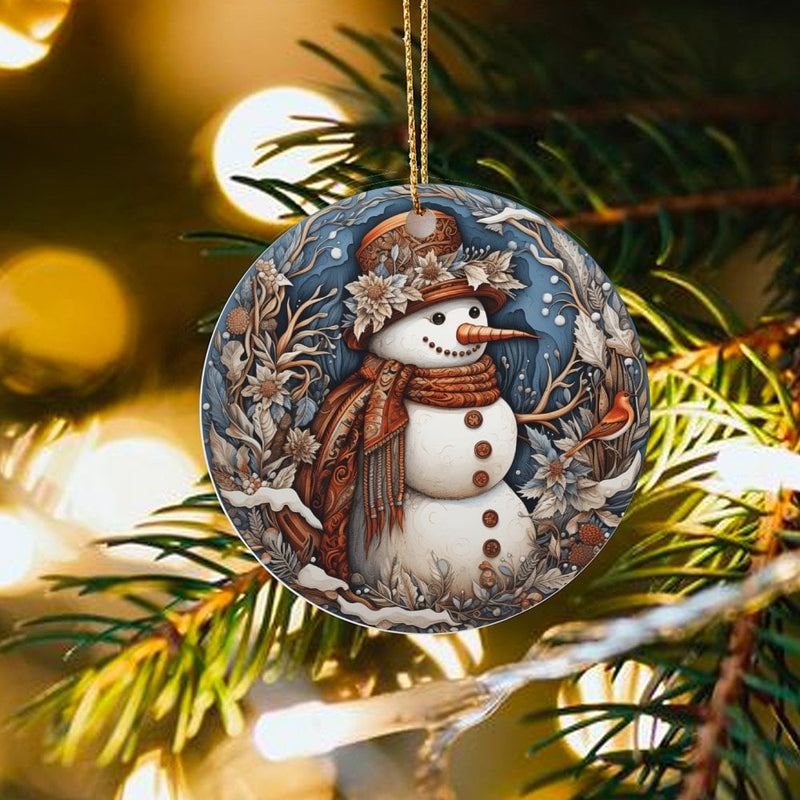 Winter Floral Bird Snowman Ornament, Folk Art Snowman Christmas Ornament, Comfy Ceramic Tree Ornament, Holiday Keepsake Present for Friends