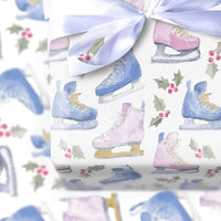 Watercolor Winter Holiday Gift Wrap, Ice Skates Wrapping Paper, Christmas Ice Skating Wrapping Paper, Adorable Holly Berry Gift Wrap Roll