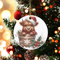 Baby Calf Santa Hat Ornament, Highland Cow Christmas Ornament, Rustic Farmhouse Cow Tree Ornament, Adorable Ceramic Cow Ornament, Holiday Present