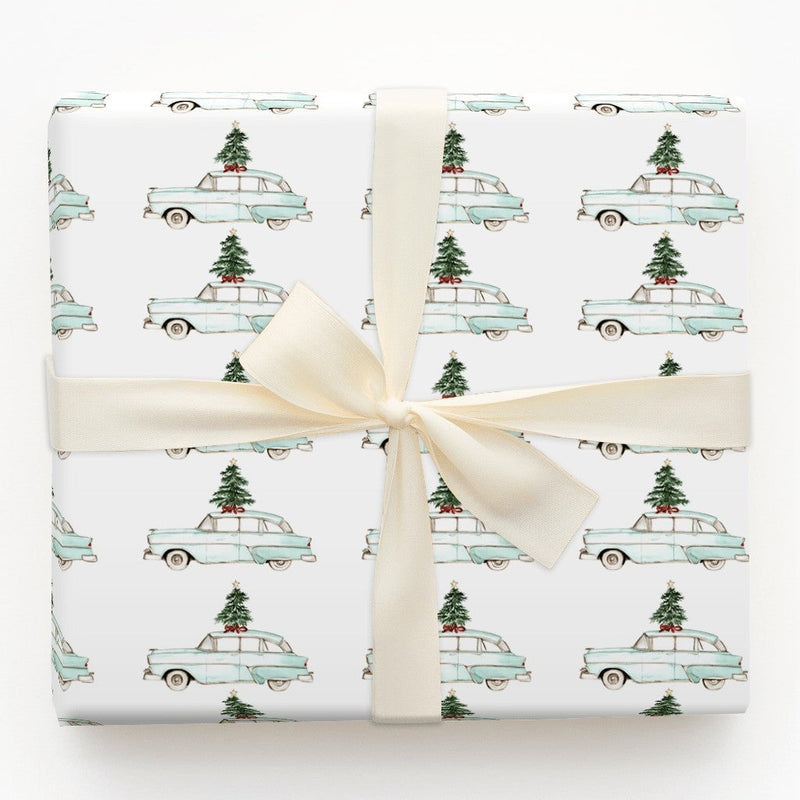 Retro Blue Car Holiday Wrapping Paper, Vintage Station Wagon Christmas Wrapping Paper, Tree on Car Gift Wrap, Nostalgic Xmas Paper Roll