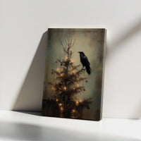 Dark Academia Crow Holiday Tree Print, Gothic Raven Christmas Canvas Wall Art, Moody Winter Canvas Decor, Spooky Xmas Home Present