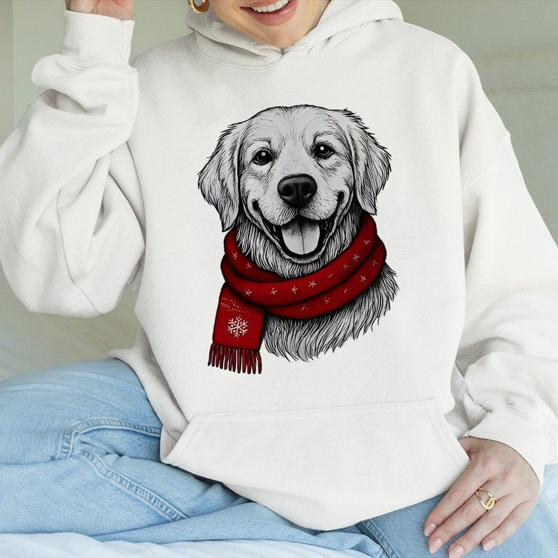 Adorable Dog Red Scarf Hoodie, Golden Retriever Christmas Hoodie, Festive Retriever Winter Hooded Sweatshirt, Pet Lover Holiday Pullover Present