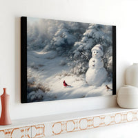 Winter Forest Canvas Print, Snowman with Cardinal Canvas Wall Art, Snowy Holiday Wall Canvas, Christmas Seasonal Decor, Winter Canvas Present