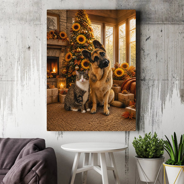 Sunflower Christmas Tree Wall Art, German Shepherd and Tabby Cat Canvas, Comfy Holiday Pet Portrait Canvas, Pet Lover Winter 