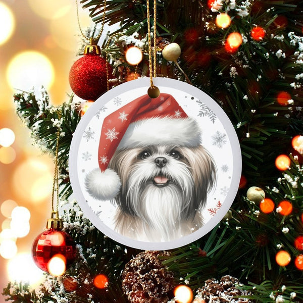 Santa Hat Dog Ornament, Shih Tzu Christmas Ornament, Festive Puppy Ceramic Ornament, Xmas Tree Hanging Decor, Holiday Present